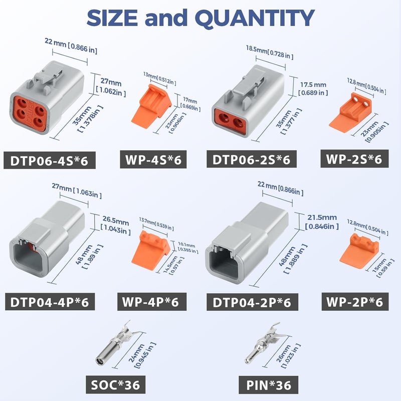Deutusacc 120 PCS Deutsch DTP Connector Kit 2 4 Pin Automotive Waterproof Connectors 12 sets with Size 12 Stamped Contacts Gauge 14-12 AWG Wire Size,25A - Image 2